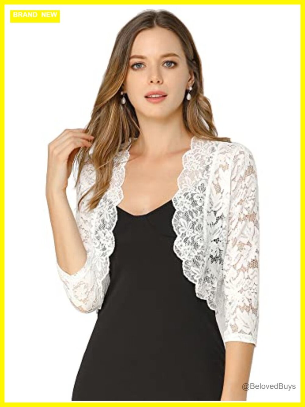 Elegant Sheer Floral Lace Shrug Top 3/4 Sleeve Open Front